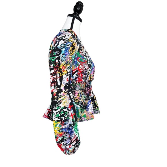 Live 4 Truth M Graffiti Print Blouse V Neck Smocked Peplum Long Flowy Sleeve Top - Picture 4 of 9